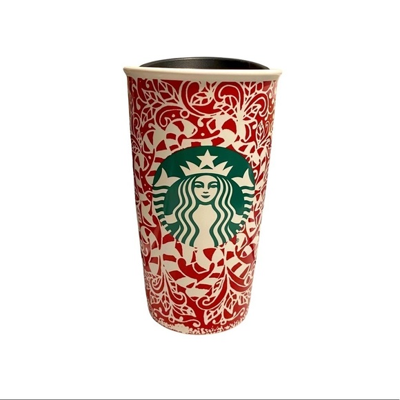STARBUCKS | 2017 Christmas Ceramic Travel Cup Mug Candy Cane Design 12 oz - Picture 1 of 6